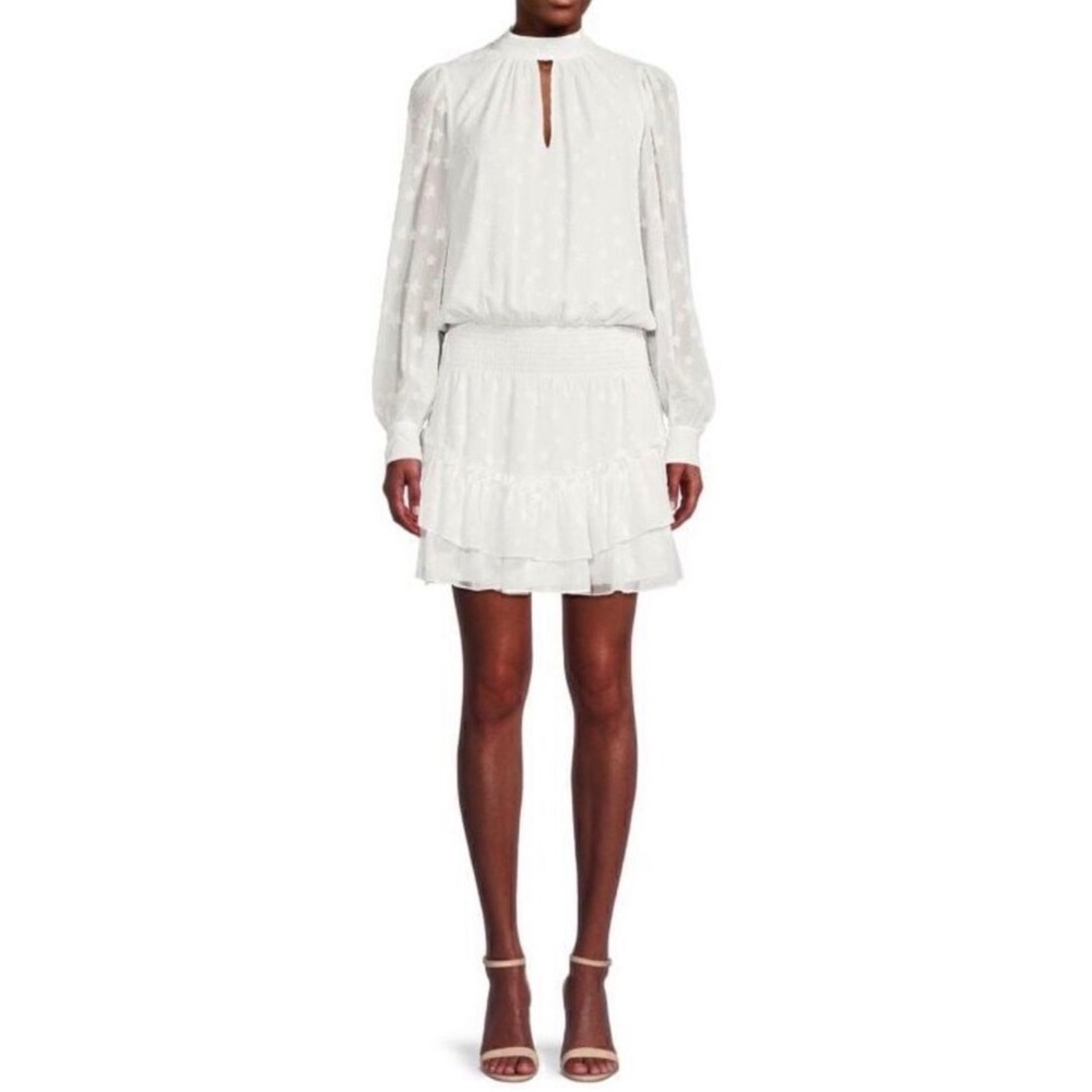 Ramy Brook Sashah White Star Print Long Sleeve Lined Dress Ruffle Sz XS $465